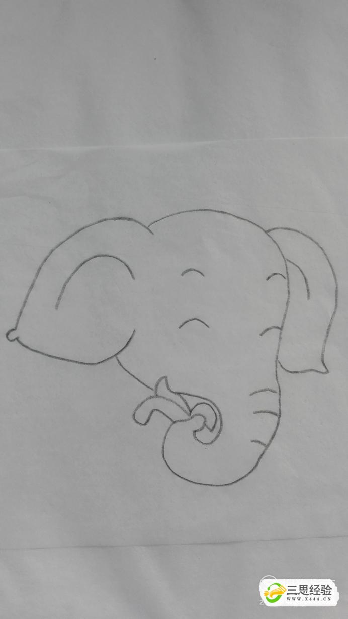 02用曲线画出大象的头部轮廓,留出耳朵的位置,用封闭的曲线画出大象的